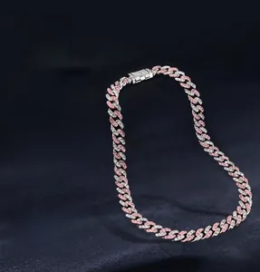Close-up of hip hop Cuban chain necklace with alternating pink and white zircon stones