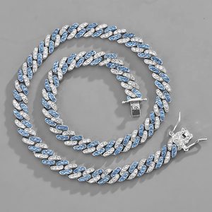 Set collana e bracciale a catena cubana argento con zirconi blu e bianchi stile iced