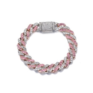 Hip hop cuban link bracelet with pink and white zircon in silver and rose gold