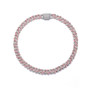 Luxury Cuban link necklace with iced out pink and white crystals in two-tone finish