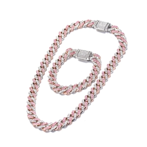 Hip hop Cuban chain set with pink and white cubic zirconia in silver and rose gold plating