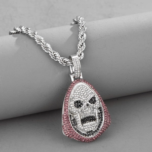 Hip-hop skull teardrop pendant with pink and black zircons on a silver rope chain
