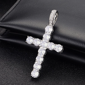 Sparkling cross pendant necklace for women set with cubic zirconia stones on black leather