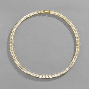 Golden baguette-cut zircon tennis necklace with a rectangular stone layout and secure clasp