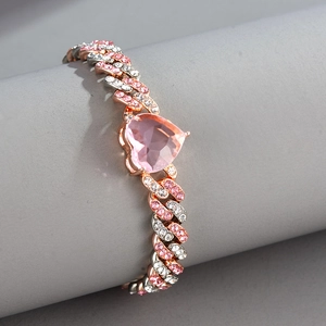 Collier chaîne cubaine cœur rose avec maillons bicolores or rose et argent et zircons