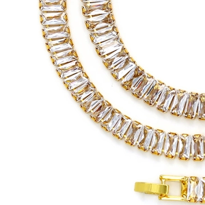 Golden baguette cut zircon tennis necklace with a minimalist geometric pendant design