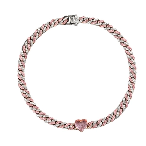 Collier à maillons cubains avec pierre précieuse cœur rose et placage cristal argenté