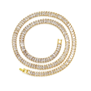 Gold rectangular zircon tennis necklace with a spiral wrap design on white background