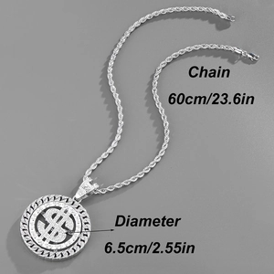 Detailed dimensions of iced out rotating dollar pendant with 23.6 inch rope chain necklace