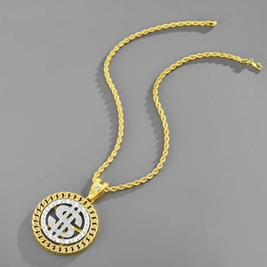 Detailed macro view of iced-out dollar sign pendant with sparkling rhinestones and rope chain