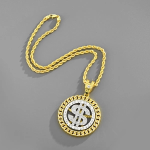 Macro shot of gold hip-hop rotating dollar sign pendant with iced-out zircon stones