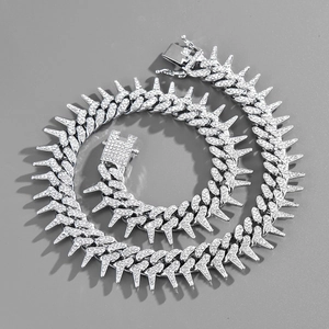 Mens 20mm silver iced out Cuban link chain with thorns and spikes in hip hop style
