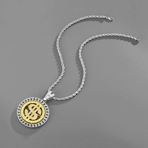 Detailed close-up of hip-hop dollar sign pendant with sparkling diamonds and rope chain