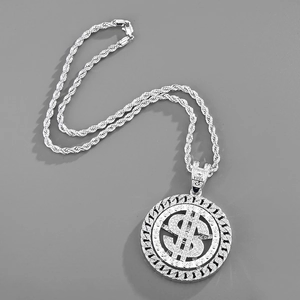 Iced out dollar sign spinning pendant with silver rope chain for hip hop style fashion