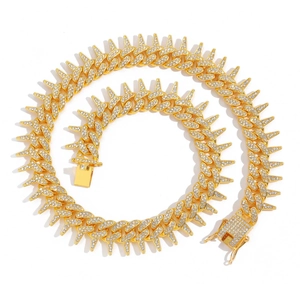 Chaîne cubaine 20mm dorée avec pointes serties de zircons brillants de style hip-hop