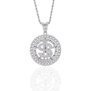 Silver iced-out dollar sign rotating pendant necklace with twisted rope chain