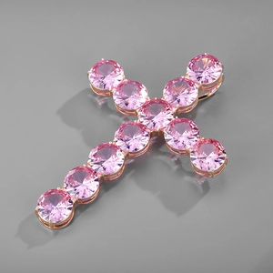 Grand pendentif croix style hip hop avec zircons roses et placage en or rose
