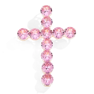 Pendentif grande croix hip hop avec zircons roses ronds et griffes argentées