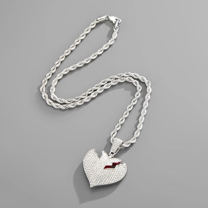 Collana hip hop con ciondolo a cuore spezzato argento con zirconi e catena a corda