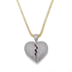 Collier hip hop avec pendentif cœur brisé glacé et chaîne tennis dorée étincelante