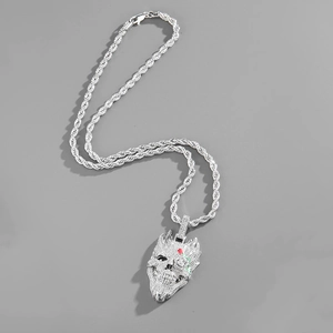 Collier tête de mort glacé avec rose rouge et chaîne corde argentée style hip-hop