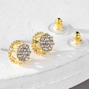 Boucles d'oreilles hip hop couronne dorée avec strass en cristal blanc sur pierre