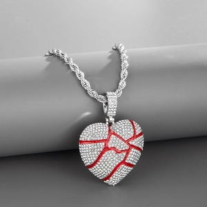 Iced out broken heart pendant necklace with red enamel and silver rope chain