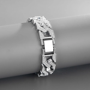 Chunky silver Cuban link chain bracelet with iced out pavé sparkling crystals