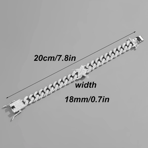 Silver iced out Cuban link bracelet with rhinestone star charm, 18mm width and 20cm length