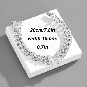 Detail shot of 18mm iced out Cuban link bracelet with butterfly clasp and dimensions