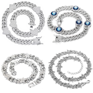 Hip Hop Iced Out Cuban Link Necklace Bracelet Alloy Rhinestone Pentagram Star Heart Butterfly Evil Eye Smile Jewelry For Men Women