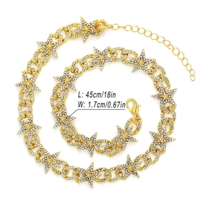 Hip hop gold curb chain necklace with sparkling star charms and crystal rhinestones