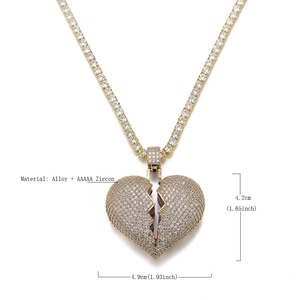 Collana hip hop con ciondolo a cuore spezzato dorato e zirconi AAAAA su catena tennis