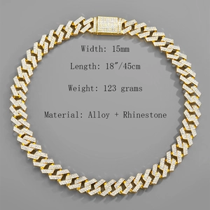 Chaîne cubaine 15mm dorée avec strass style hip hop, longueur de 18 pouces
