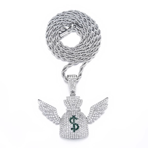 Hip Hop Winged Money Bag Pendant Necklace Alloy Rhinestone Dollar Sign Iced Out Street Fashion Jewelry Men Women Gifts