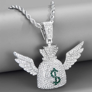 Hip hop money bag winged pendant with green dollar sign and iced out rhinestones necklace