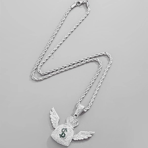 Hip hop iced out dollar money bag pendant with wings and green dollar sign on rope chain