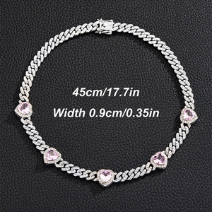Funkelnde silberne Cuban-Kette mit rosa Herzsteinen, 45 cm lang, mit Zirkonia