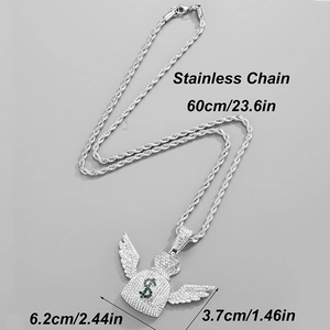 Hip hop iced-out dollar sign money bag pendant with wings on a stainless steel chain