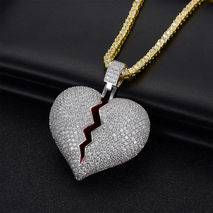 Ciondolo cuore spezzato con smalto rosso e catena tennis dorata per gioielli hip hop alla moda