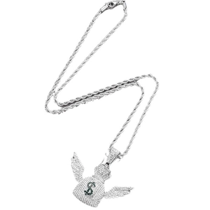 Iced out dollar sign money bag pendant necklace with silver rope chain and green gems