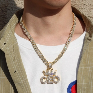 Ciondolo CEO in oro con corona su catena a maglie cubane collana stile hip-hop