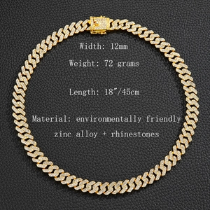 Collana da uomo cuban link 12mm dorata con strass scintillanti e stile hip-hop punk