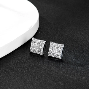 Silver square stud earrings with micro-pave crystals in a layered hip-hop design