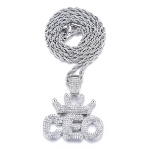 Collana con ciondolo corona CEO hip hop con cristalli e catena a corda argento