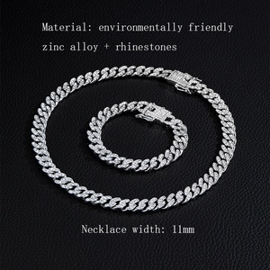 Hip-Hop 11mm Panzerkette und Armband Set mit Strasssteinen auf schwarzem Leder