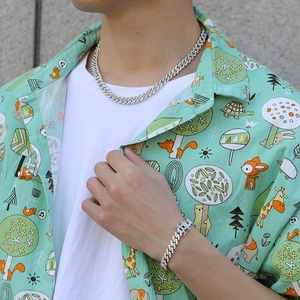 Silbernes Set aus Cuban-Gliederkette und Armband mit Kristallen für Hip-Hop-Style