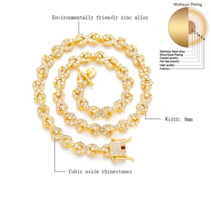 Hip hop 9mm gold Cuban link chain necklace with full cubic zirconia stones for men