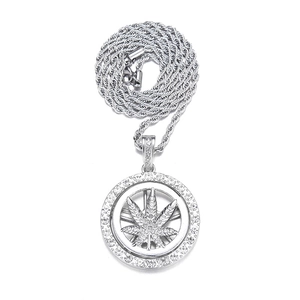 Pendentif feuille d'érable hip hop rotatif argenté avec diamants et chaîne corde