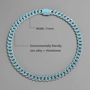 11mm heren cubaanse schakelketting in zilver met hemelblauwe strass en stevige doosluiting